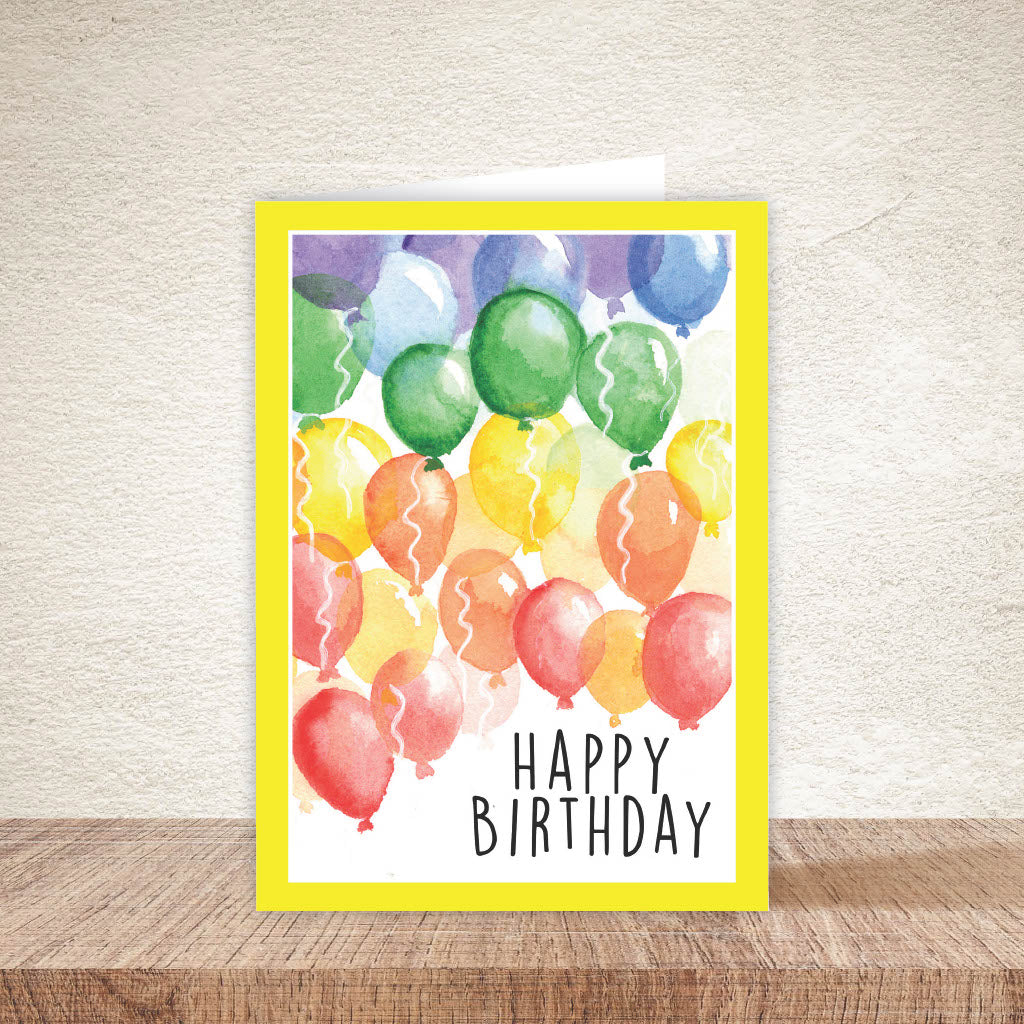 Front of card says Happy Birthday with a illustration of balloons in different colours.